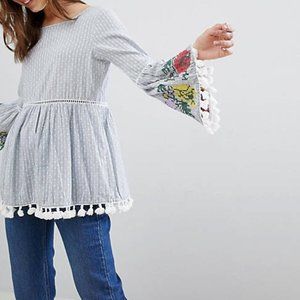 Glamorous Stripe Tunic Blouse With Embroidered Sleeve And Pom Pom Trim - XS